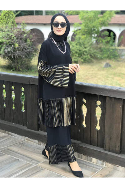 Kadın Siyah Gold Çizgili Takım