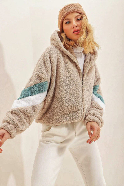 Kapüşonlu Fermuarlı Kolları Renk Bloklu Oversize Peluş Sweatshirt Kapüşonlu Fermuarlı Kolları Renk Bloklu Oversize Peluş Sweatshirt