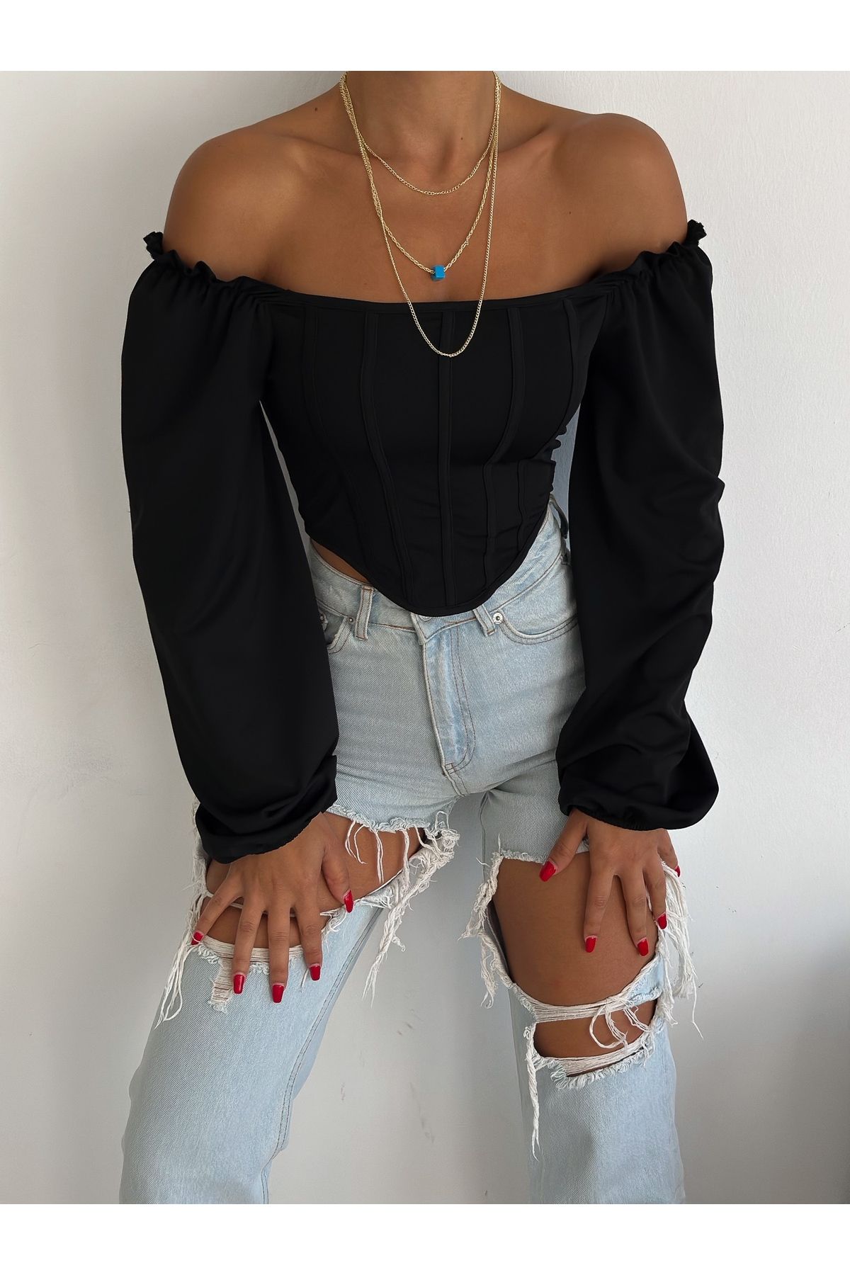 Kadın Siyah Kare Yaka Şeritli Uzun Balon Kol Dalgıç Kumaş Crop Bluz