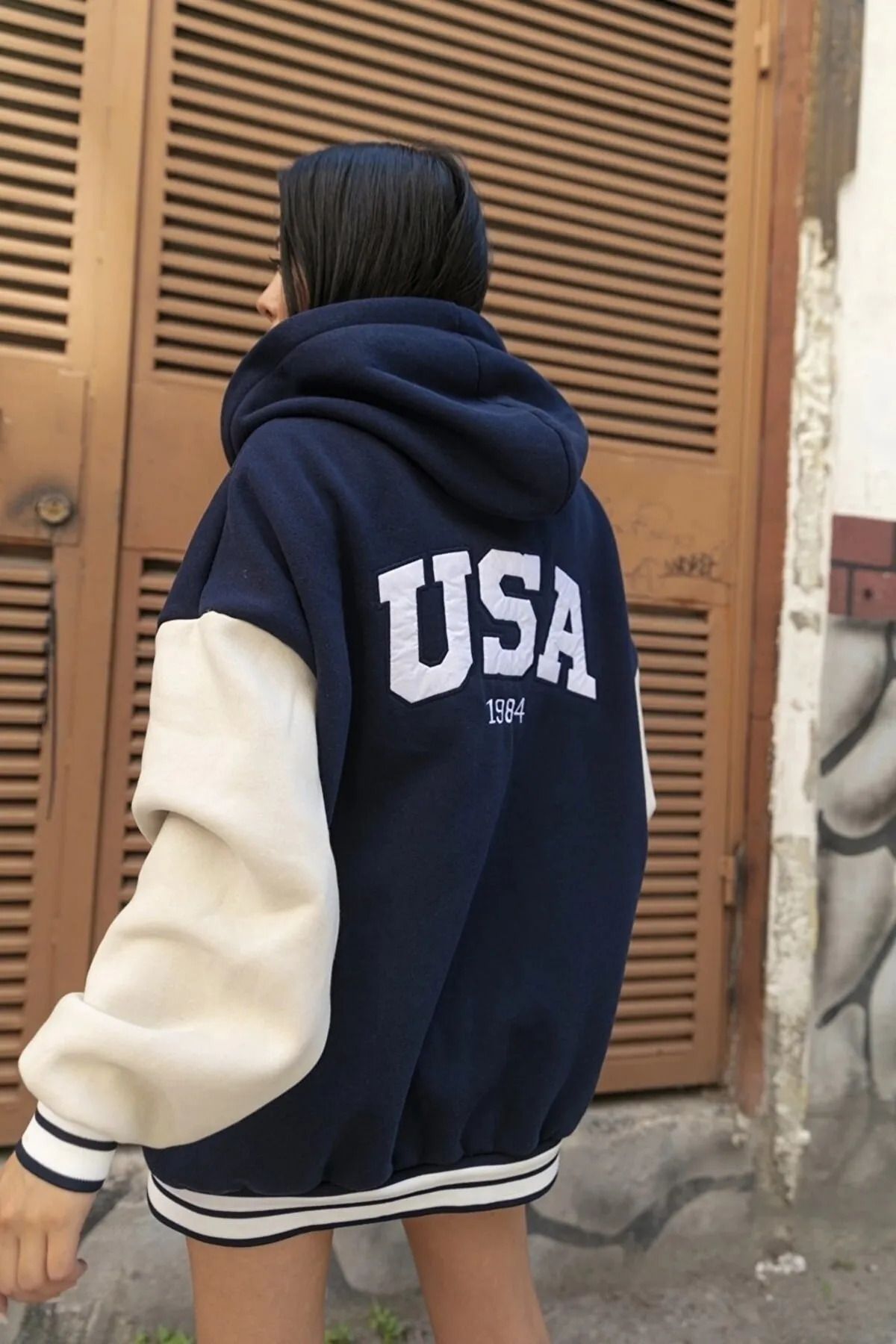 Unisex Oversize Lacivert USA Baskılı Kolej Ceket