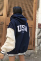 Unisex Oversize Lacivert USA Baskılı Kolej Ceket