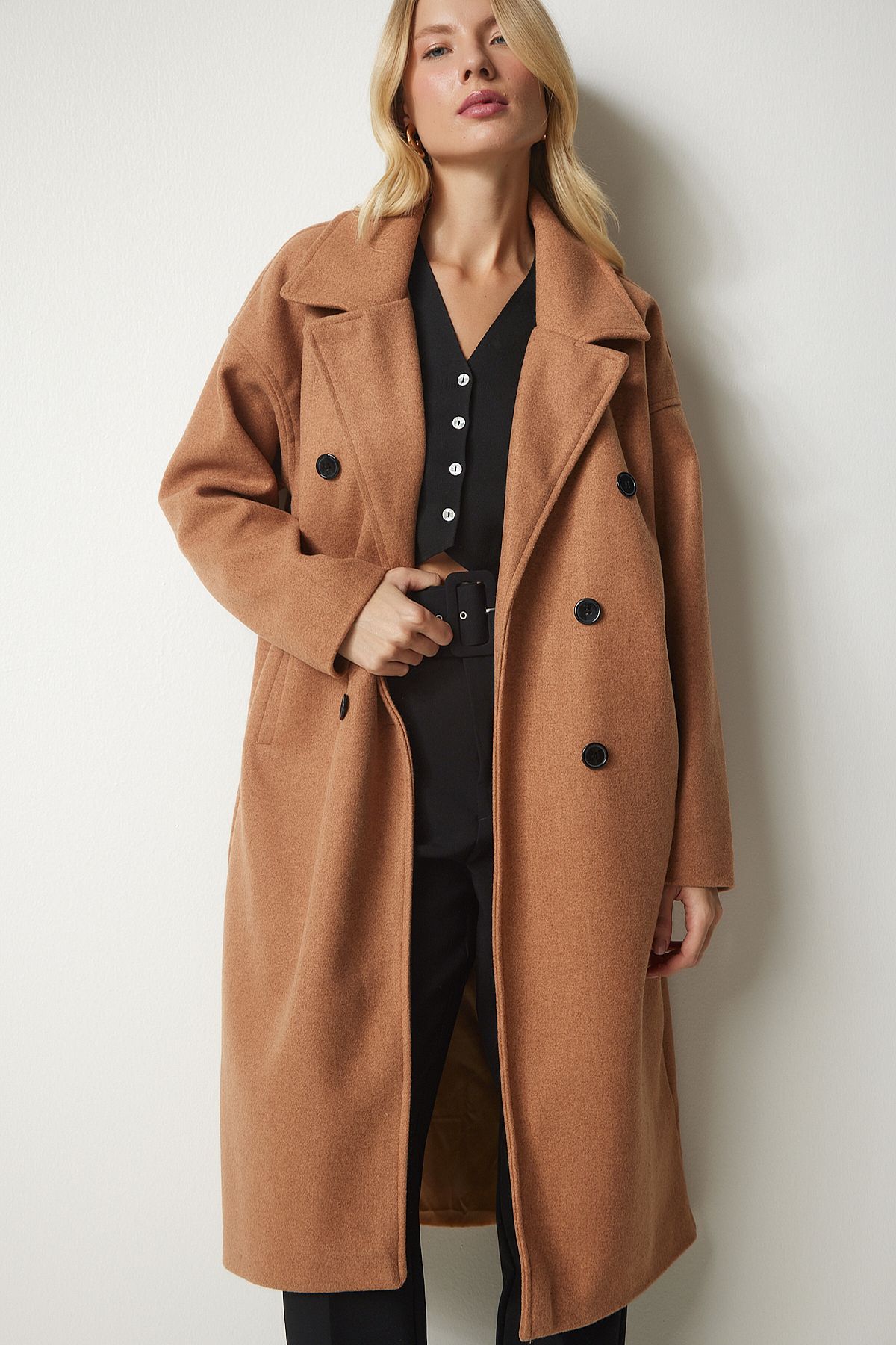 Kadın Taba Kruvaze Yaka Oversize Kaşe Kaban mx00138 Kadın Taba Kruvaze Yaka Oversize Kaşe Kaban mx00138
