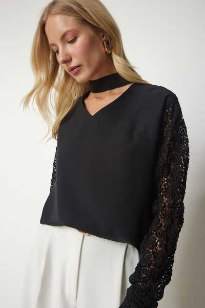 Kadın Siyah Güpür Kol Detaylı Şık Bluz TO00092 Kadın Siyah Güpür Kol Detaylı Şık Bluz TO00092