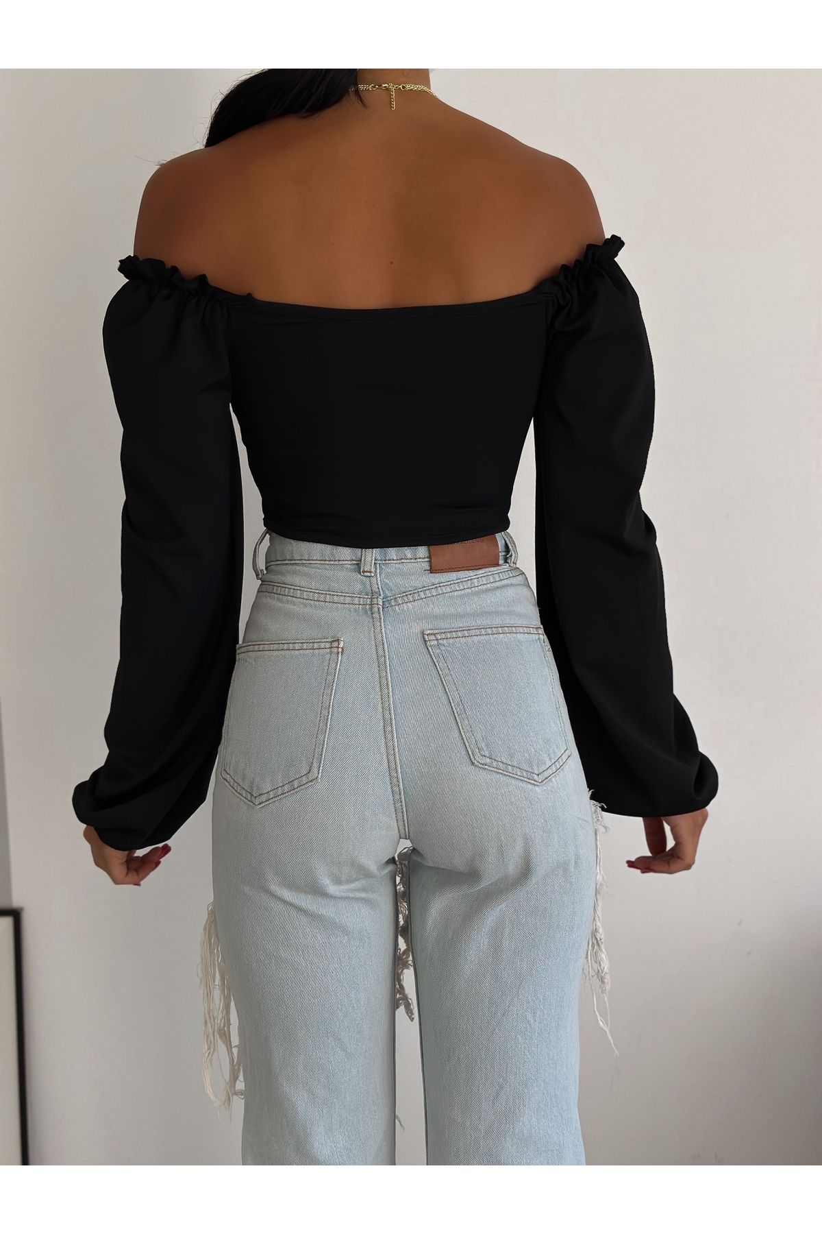 Kadın Siyah Kare Yaka Şeritli Uzun Balon Kol Dalgıç Kumaş Crop Bluz