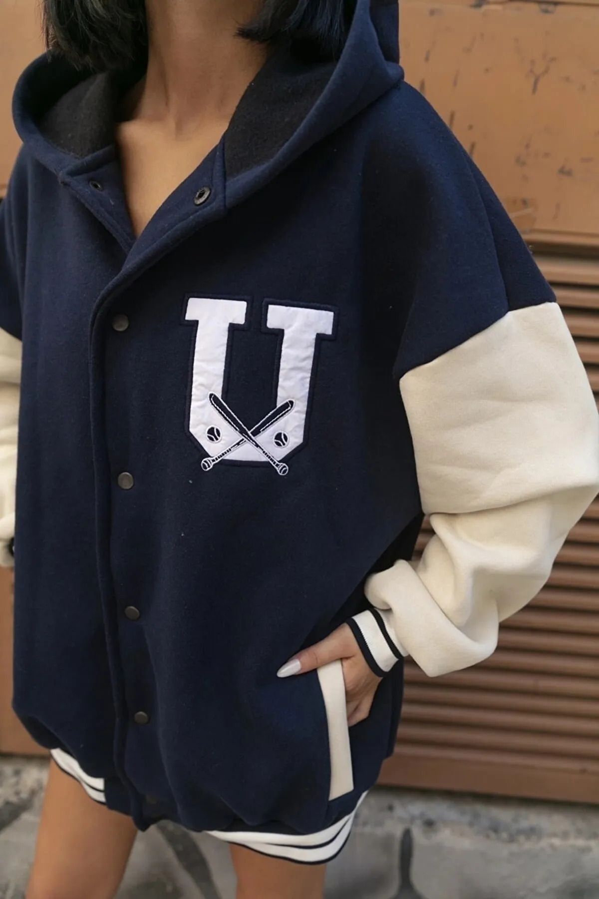 Unisex Oversize Lacivert USA Baskılı Kolej Ceket