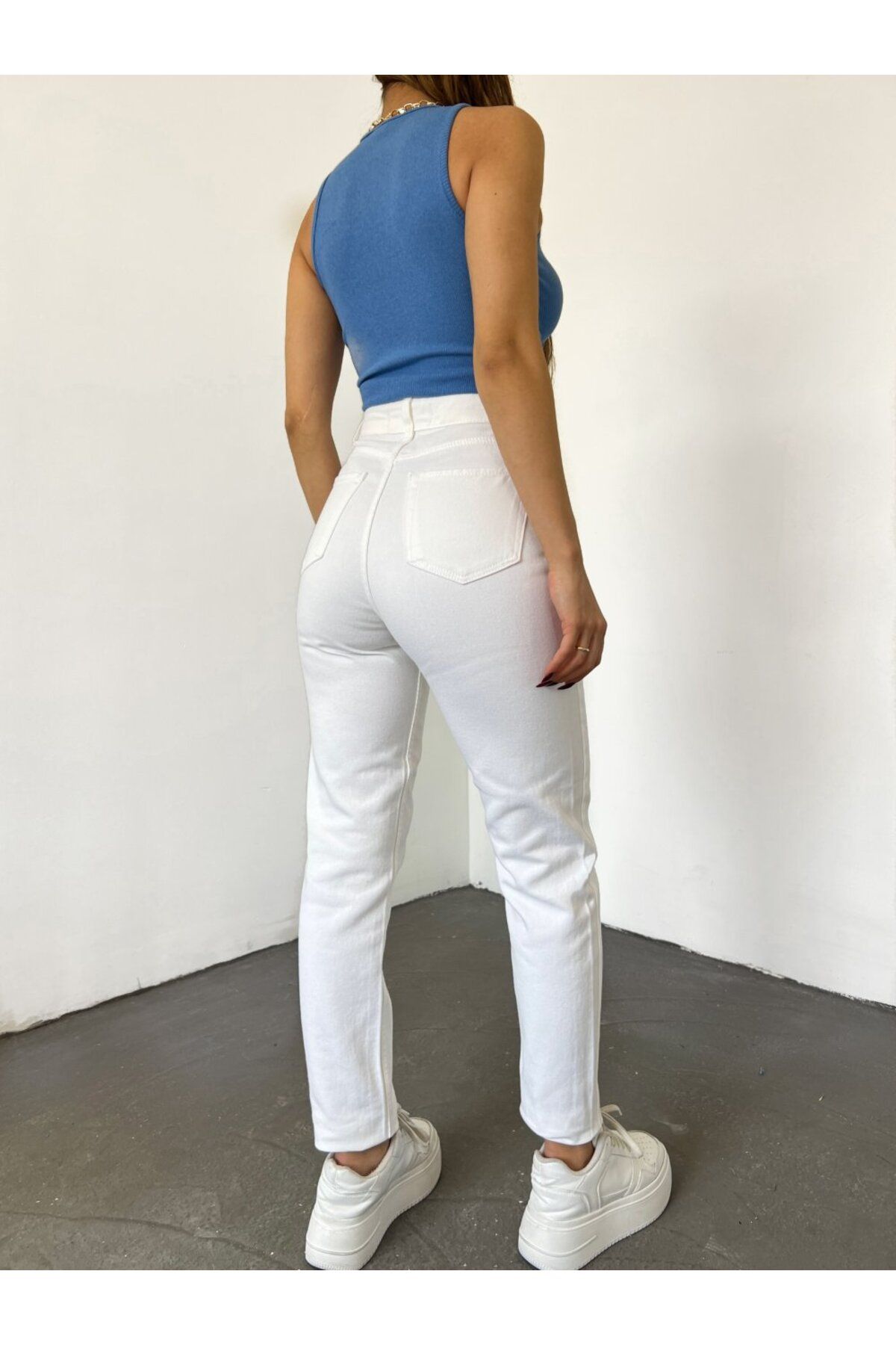 Yüksek Bel Beyaz Mom Jeans Yüksek Bel Beyaz Mom Kot Pantolon %100 Natural Pamuk