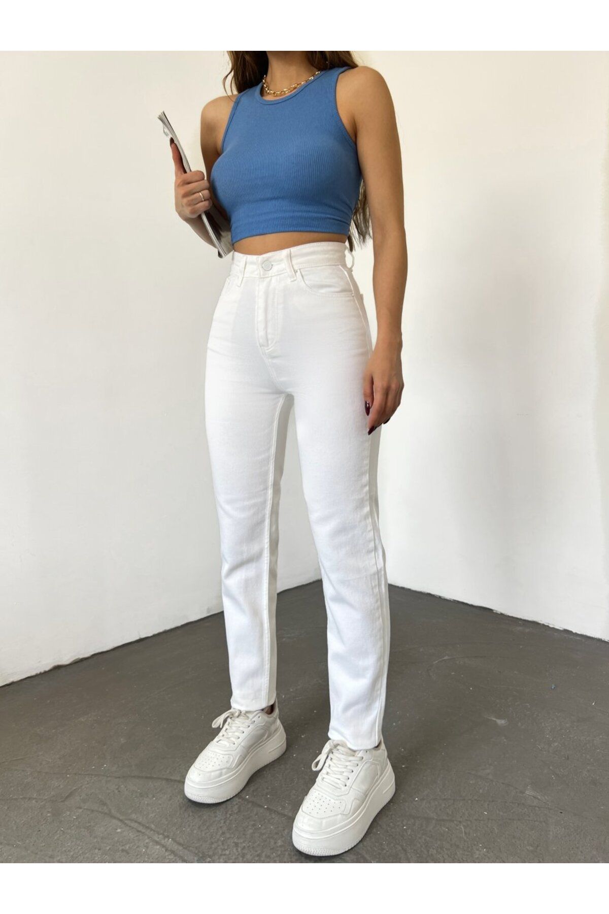 Yüksek Bel Beyaz Mom Jeans Yüksek Bel Beyaz Mom Kot Pantolon %100 Natural Pamuk