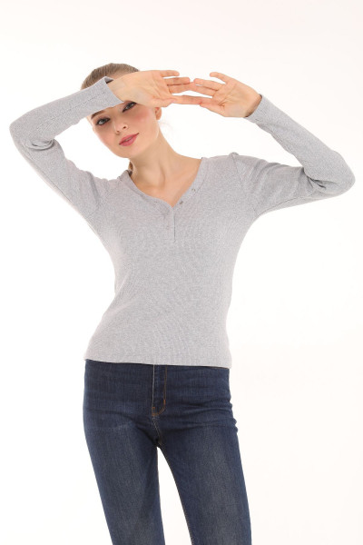 MOR BUTİK GRİ SLİM ÇITÇITLI REGULAR BOY V YAKA FİTİLLİ ESNEK ÖRME BLUZ COLD01001