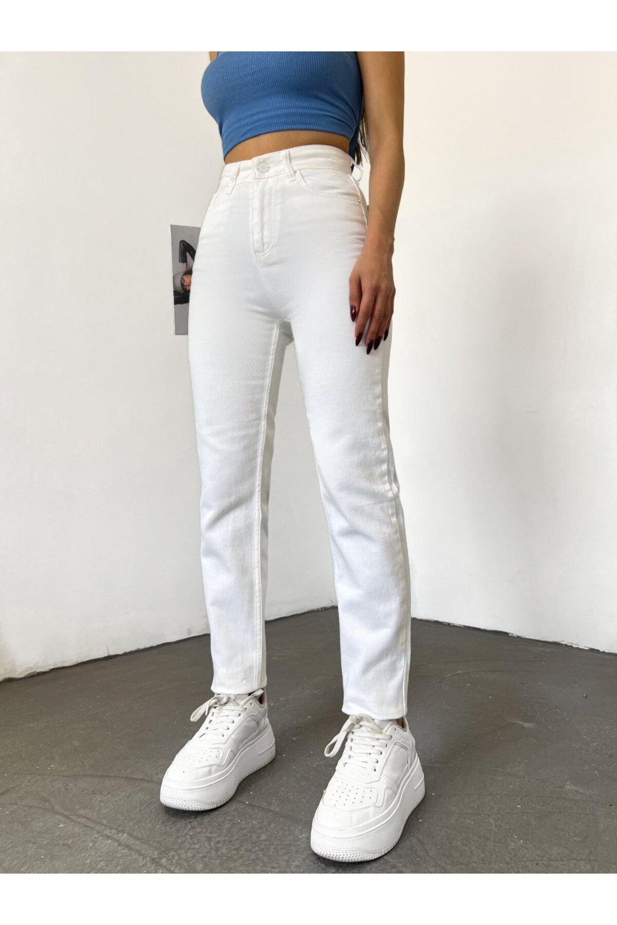 Yüksek Bel Beyaz Mom Jeans Yüksek Bel Beyaz Mom Kot Pantolon %100 Natural Pamuk