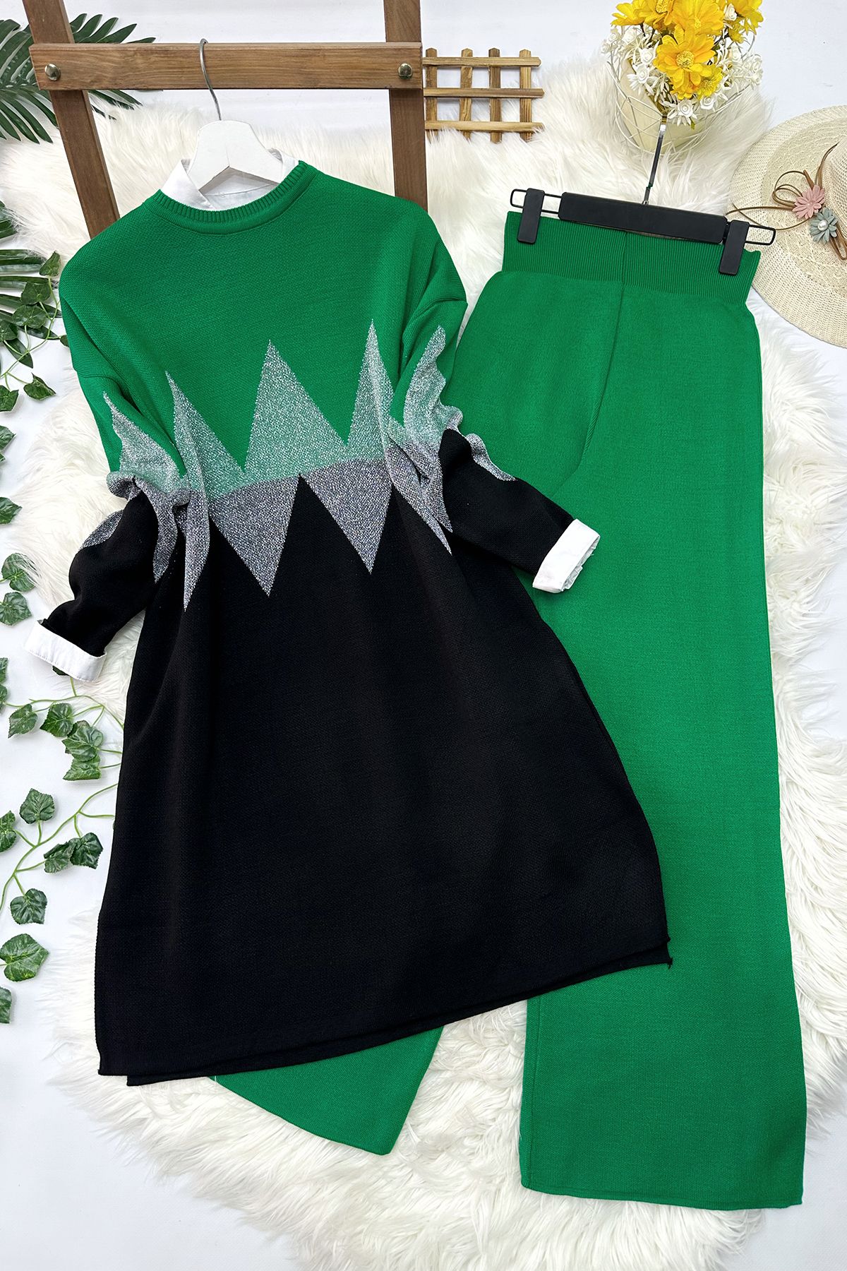 Zikzak Triko Tunik Pantolon Takım - Yeşil Zikzak Triko Tunik Pantolon Takım - Yeşil