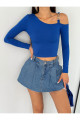 Kadın Saks Mavisi Tek Omuz Halkalı Uzun Kol Dalgıç Kumaş Crop Bluz Kadın Saks Mavisi Tek Omuz Halkalı Uzun Kol Dalgıç Kumaş Crop Bluz