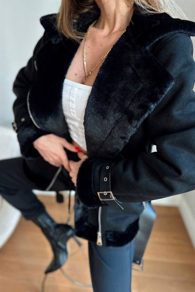 Kemer Detaylı İçi Tay Tüy Kürklü Süet Deri Biker Mont Kemer Detaylı İçi Tay Tüy Kürklü Süet Deri Biker Mont