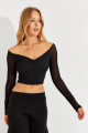 Kadın Siyah Kolları Tül Crop Bluz CG315 Kadın Siyah Kolları Tül Crop Bluz CG315