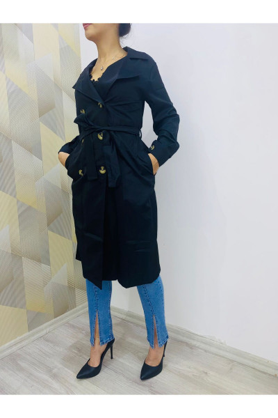 Siyah Uzun Bağlamalı Trençkot Siyah Uzun Bağlamalı Trençkot