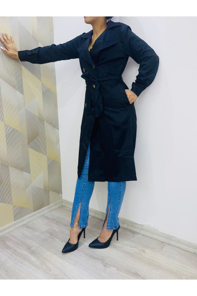 Siyah Uzun Bağlamalı Trençkot Siyah Uzun Bağlamalı Trençkot