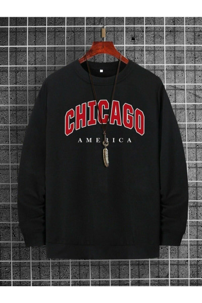Siyah Unisex Chicago America Baskılı Oversize Sweatshirt