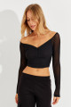 Kadın Siyah Kolları Tül Crop Bluz CG315 Kadın Siyah Kolları Tül Crop Bluz CG315