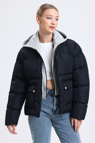 Kadın Siyah Sweatshirt Detaylı Çift Cepli Fermuarlı Asimetrik Şişme Mont