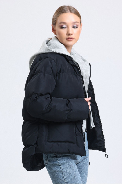 Kadın Siyah Sweatshirt Detaylı Çift Cepli Fermuarlı Asimetrik Şişme Mont