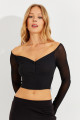 Kadın Siyah Kolları Tül Crop Bluz CG315 Kadın Siyah Kolları Tül Crop Bluz CG315