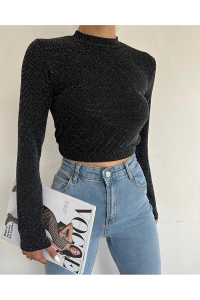 Siyah Pamuklu Esnek Sırt Dekolteli Crop Fitted/Vücuda Oturan Esnek Simli Bluz Siyah Pamuklu Esnek Sırt Dekolteli Crop Fitted/Vücuda Oturan Esnek Simli Bluz