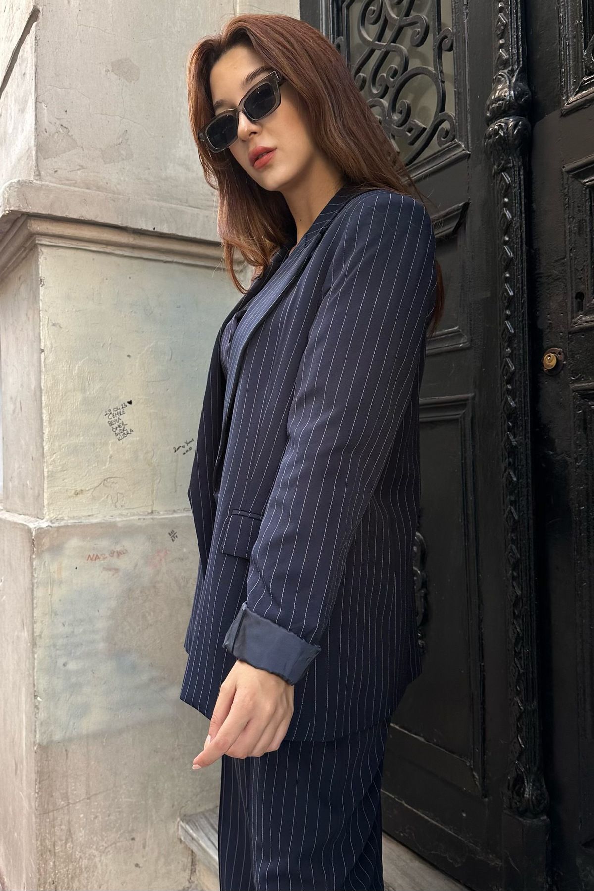 Lacivert Çizgili Düğmesiz Cepli Astarlı Blazer Ceket Lacivert Çizgili Düğmesiz Cepli Astarlı Blazer Ceket