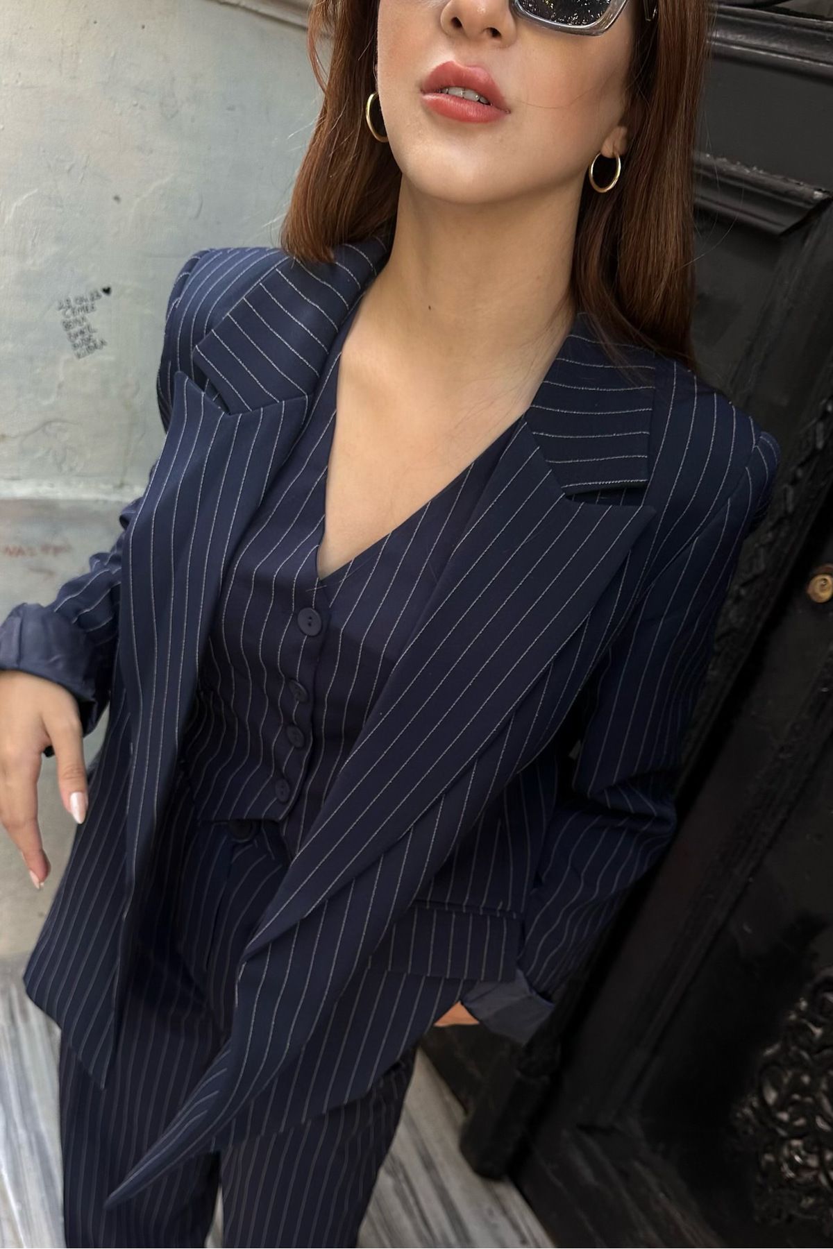 Lacivert Çizgili Düğmesiz Cepli Astarlı Blazer Ceket Lacivert Çizgili Düğmesiz Cepli Astarlı Blazer Ceket