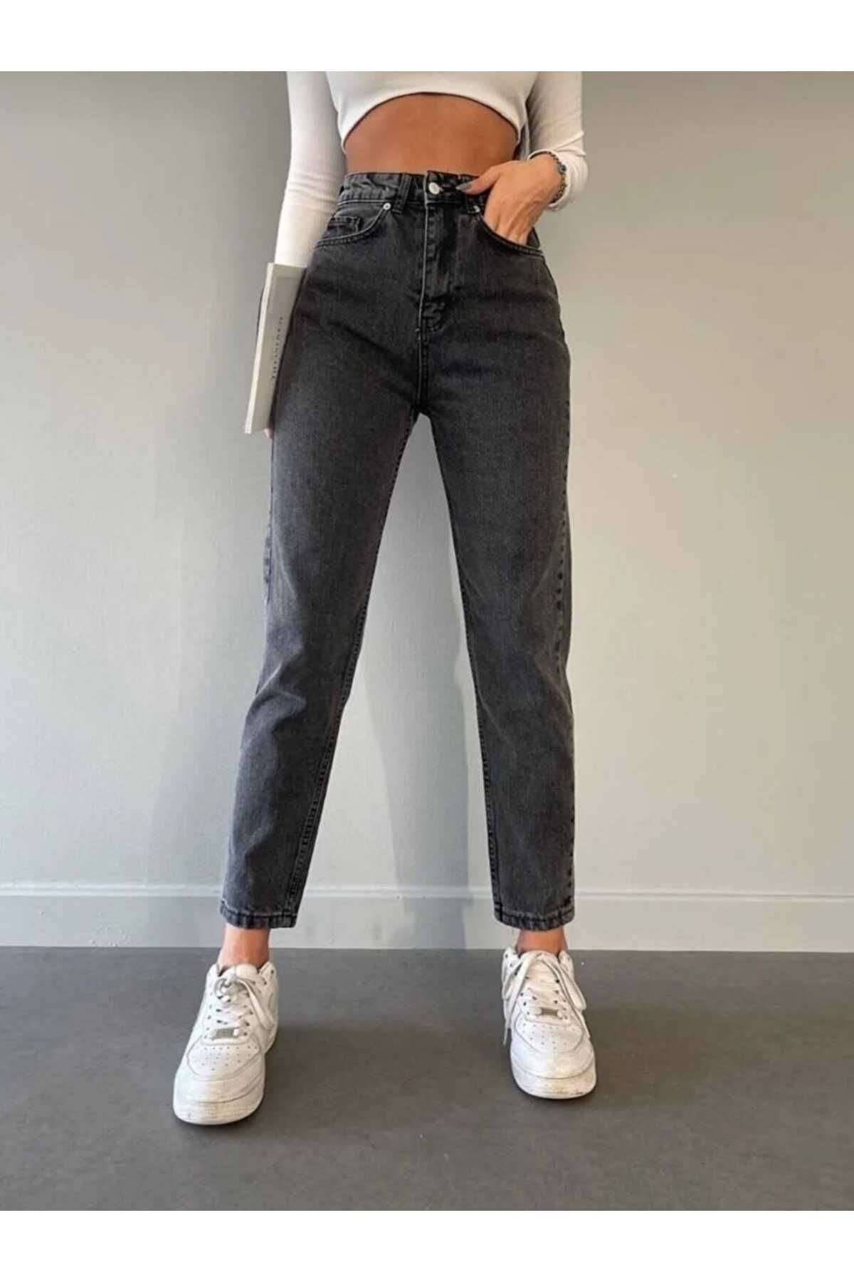 Zaha Koyu Kar Gri Yüksek Bel Likralı Mom Jeans