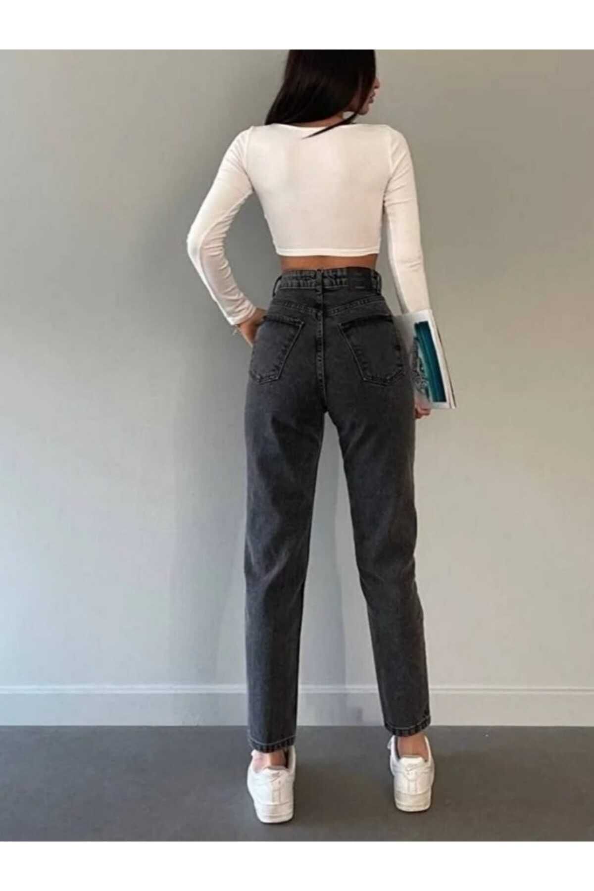 Zaha Koyu Kar Gri Yüksek Bel Likralı Mom Jeans