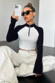 Kadın Siyah Beyaz Kaşkorse Kumaş Reglan Kol Fermuarlı Dik Yaka Crop Bluz Kadın Siyah Beyaz Kaşkorse Kumaş Reglan Kol Fermuarlı Dik Yaka Crop Bluz