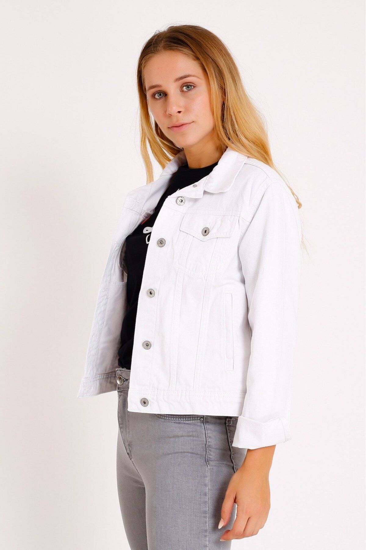 Klasik Yakalı ve Cepli Astarsız Uzun Kollu Kadın Kot Kısa Ceket Denim Sonbahar Kış İlkbahar Beyaz Klasik Yakalı ve Cepli Astarsız Uzun Kollu Kadın Kot Kısa Ceket Denim Sonbahar Kış İlkbahar Beyaz
