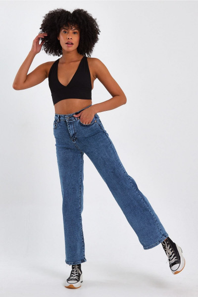 Likralı Orta Mavi Kar Yıkama Yüksek Bel Salaş Palazzo Jeans Likralı Orta Mavi Kar Yıkama Yüksek Bel Salaş Palazzo Jeans