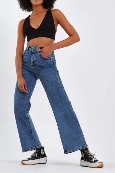 Likralı Orta Mavi Kar Yıkama Yüksek Bel Salaş Palazzo Jeans Likralı Orta Mavi Kar Yıkama Yüksek Bel Salaş Palazzo Jeans