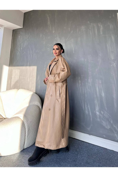 Kadın Yeni Sezon Bej Oversize Kalıp Kuşaklı Deri Trençkot Kadın Yeni Sezon Bej Oversize Kalıp Kuşaklı Deri Trençkot