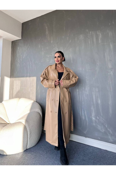 Kadın Yeni Sezon Bej Oversize Kalıp Kuşaklı Deri Trençkot Kadın Yeni Sezon Bej Oversize Kalıp Kuşaklı Deri Trençkot