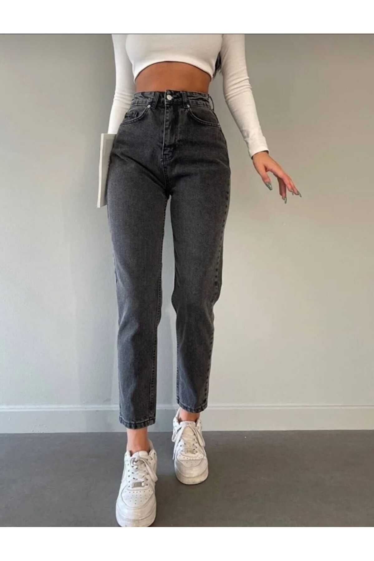 Zaha Koyu Kar Gri Yüksek Bel Likralı Mom Jeans