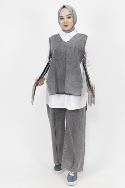 Taş Detaylı Kot Kumaş 3 Lü Takım