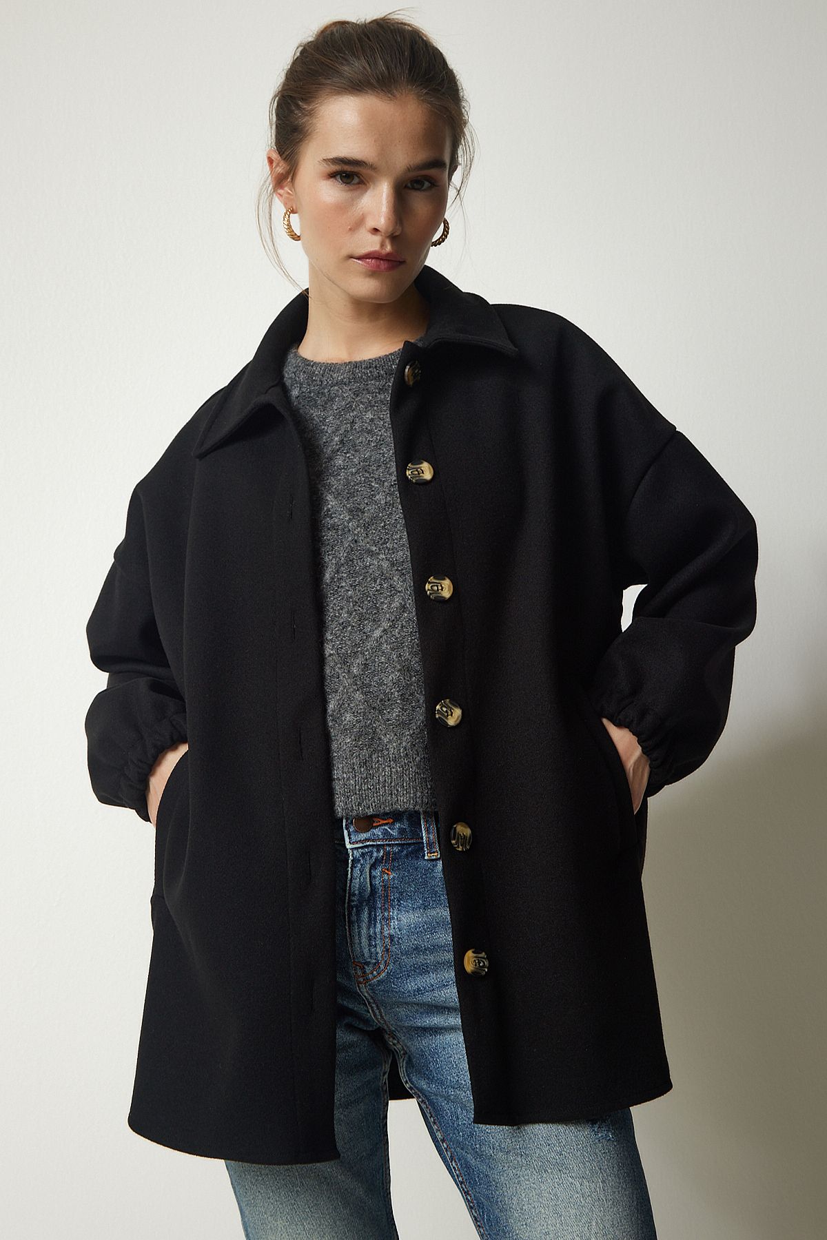 Kadın Siyah Düğmeli Cepli Oversize Gömlek Ceket DD01263 Kadın Siyah Düğmeli Cepli Oversize Gömlek Ceket DD01263