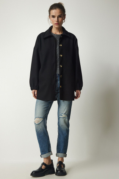 Kadın Siyah Düğmeli Cepli Oversize Gömlek Ceket DD01263 Kadın Siyah Düğmeli Cepli Oversize Gömlek Ceket DD01263