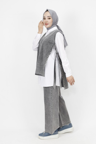 Taş Detaylı Kot Kumaş 3 Lü Takım