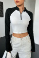Kadın Siyah Beyaz Kaşkorse Kumaş Reglan Kol Fermuarlı Dik Yaka Crop Bluz Kadın Siyah Beyaz Kaşkorse Kumaş Reglan Kol Fermuarlı Dik Yaka Crop Bluz