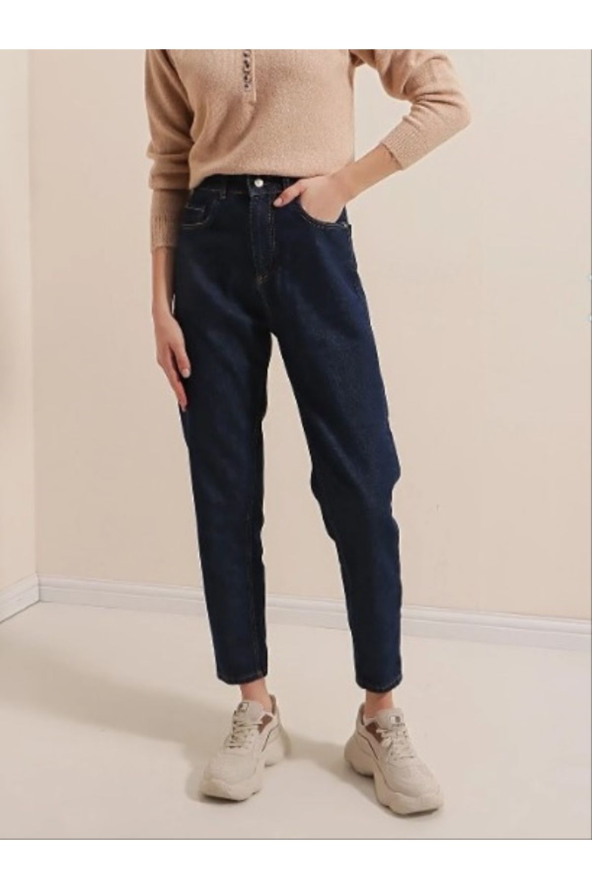 Likralı Denim Kumaş Kar Lacivert Mom Jeans