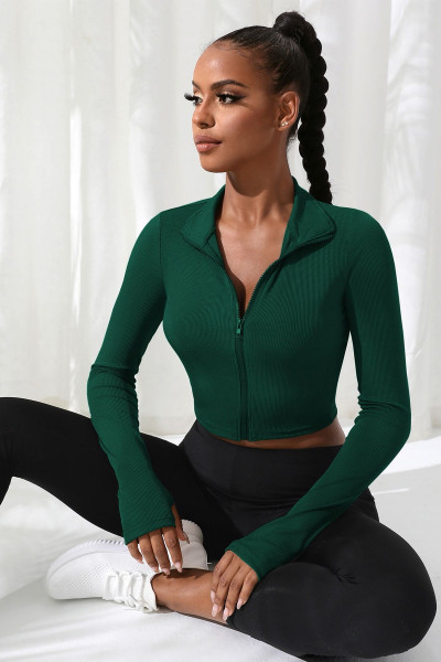 Kadın Yeşil Uzun Kol Fermuarlı Parmak Geçme Detaylı Dik Yaka Crop Top Bluz Kadın Yeşil Uzun Kol Fermuarlı Parmak Geçme Detaylı Dik Yaka Crop Top Bluz