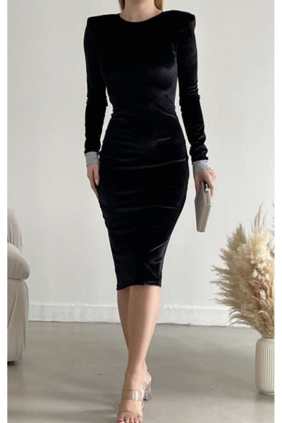 Kolları Sim Detaylı Midi Kadife Elbise - Siyah Kolları Sim Detaylı Midi Kadife Elbise - Siyah