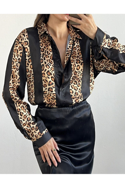 Siyah Saten Leopar Desen Gömlek 25283 Siyah Saten Leopar Desen Gömlek 25283