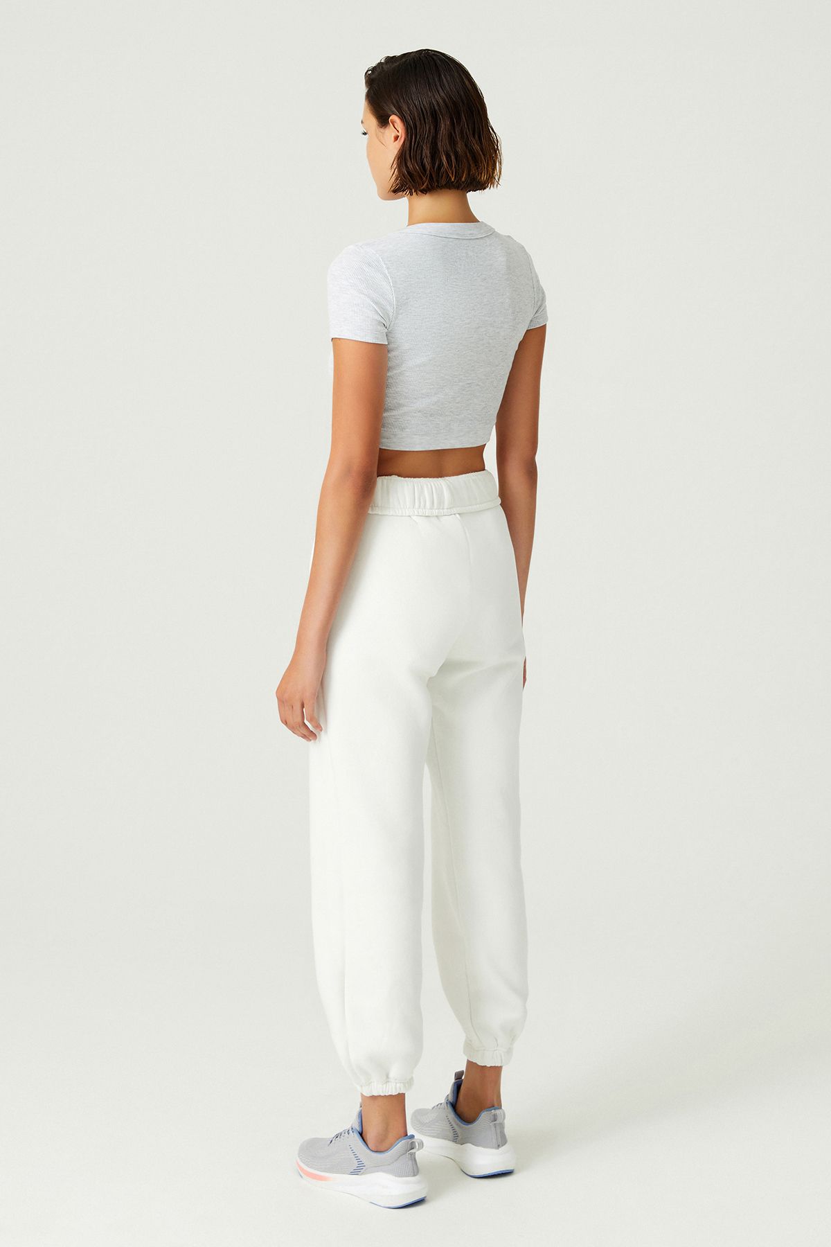 x Melodi Gri Pamuklu Fitilli Crop T-Shirt Short Sleeve