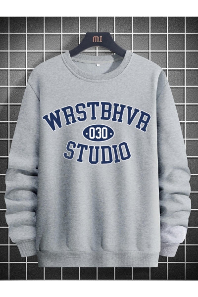 Unisex Bisiklet Yaka Gri Baskılı Oversize Sweatshirt