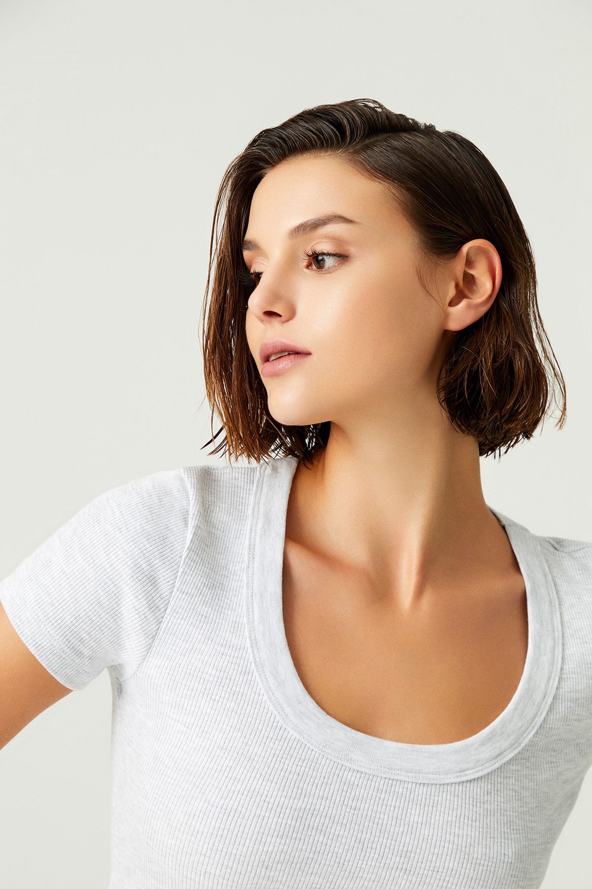 x Melodi Gri Pamuklu Fitilli Crop T-Shirt Short Sleeve