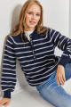 Kadın Yakası İlikli Balıkçı Yaka Çizgili Triko Kazak Kadın Yakası İlikli Balıkçı Yaka Çizgili Triko Kazak