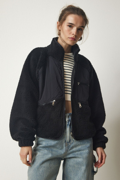 Kadın Siyah Fermuarlı Peluş Ceket Mont MC00245 Kadın Siyah Fermuarlı Peluş Ceket Mont MC00245